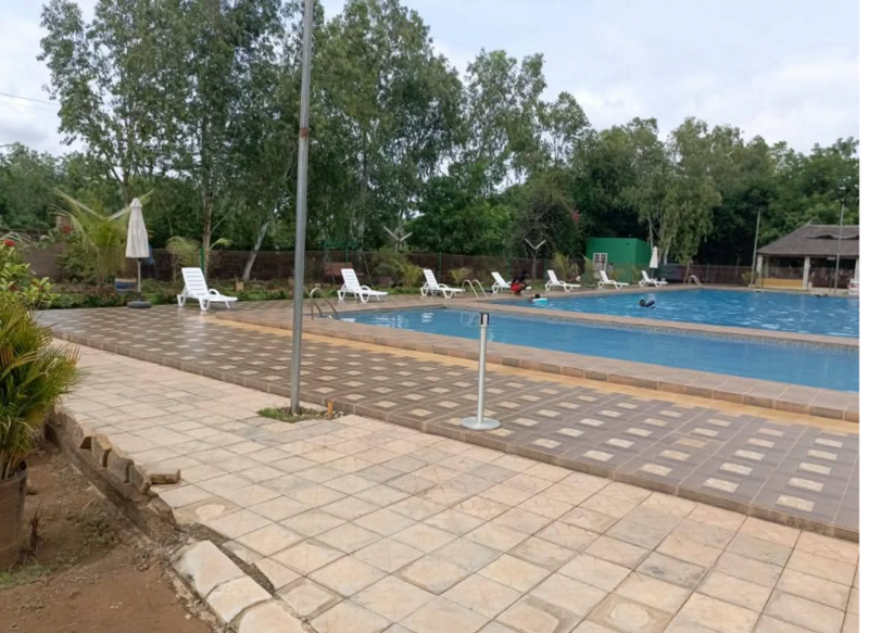 Outdoor swimming pool with a terrace and shaded seating